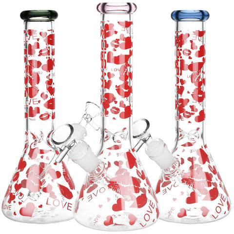 Pulsar Hearts And Kisses Glass Beaker Water Pipe | 9.75" | 14mm F | Colors Vary