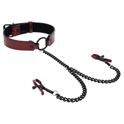 Saffron Collar with Nipple Clamp - Black/Red