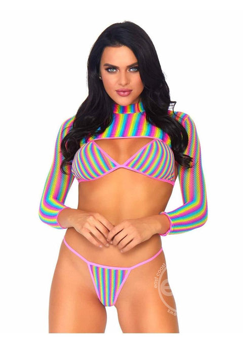 Rainbow Fishnet Bikini Top, G-String, and Long Sleeved Crop Top (3 Piece) - O/S - Multicolor