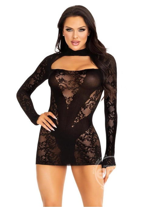 Lace Keyhole Mini Dress with Opaque Panel Detailing and Gloved sleeves - O/S