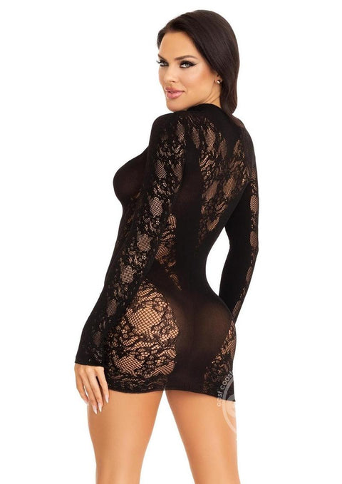 Lace Keyhole Mini Dress with Opaque Panel Detailing and Gloved sleeves - O/S