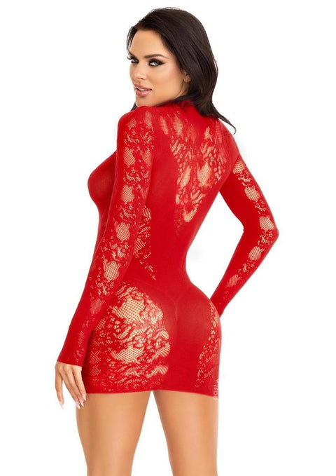 Lace Keyhole Mini Dress with Opaque Panel Detailing and Gloved sleeves - O/S