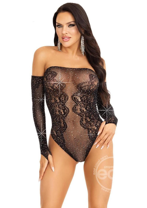 Rhinestone Net and Lace Off the Shoulder Teddy - O/S - Black