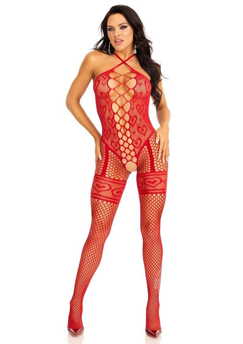 Heart Net Halter Bodystocking with Faux Lace Up Front and Leg Garter Detail - O/S