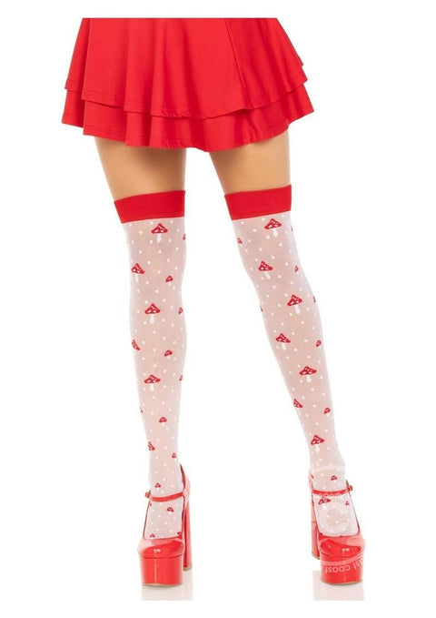 Spandex Sheer Polka Dot Mushroom Thigh Highs - O/S - White/Red