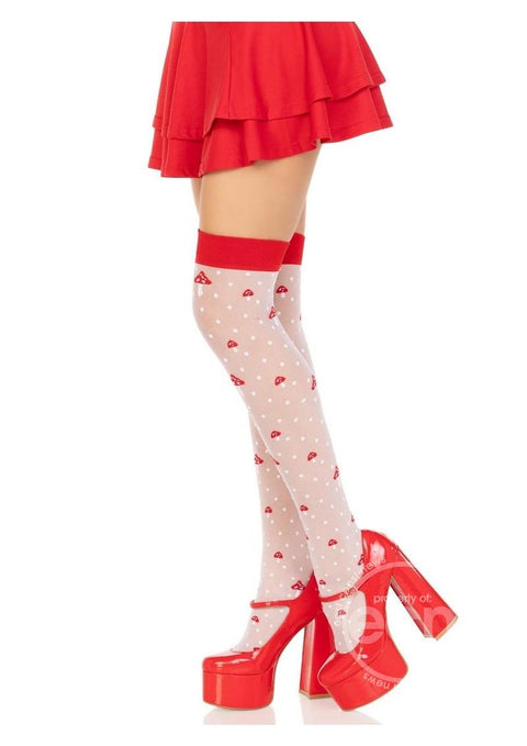 Spandex Sheer Polka Dot Mushroom Thigh Highs - O/S - White/Red