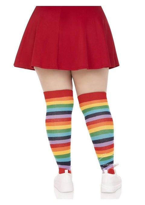 Spandex Acrylic Rainbow Striped Thigh Highs - 1X-2X - Multicolor