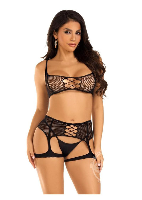 Fishnet Bra Top and Garter Harness (2 Piece) - O/S - Black