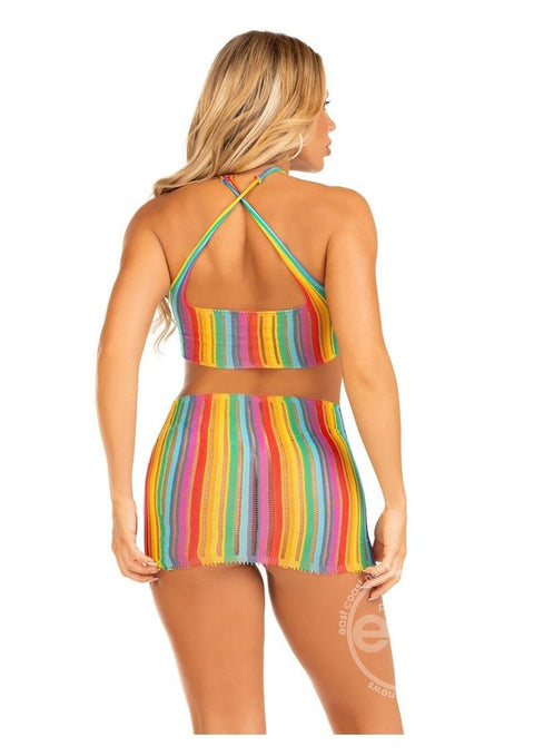 Rainbow Stripe Cross-Over Halter Mini Dress - O/S - Multicolor