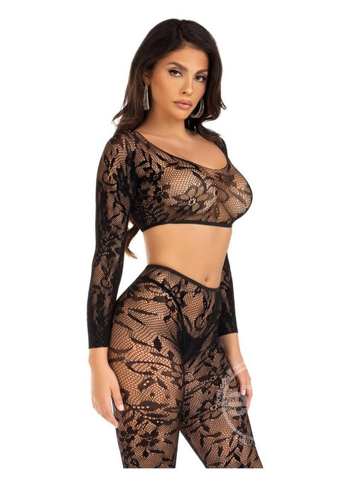 Seamless Chantilly Lace Crop Top and Footless Tights (2 Piece) - O/S - Black