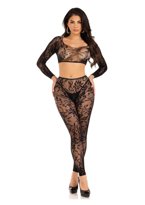 Seamless Chantilly Lace Crop Top and Footless Tights (2 Piece) - O/S - Black