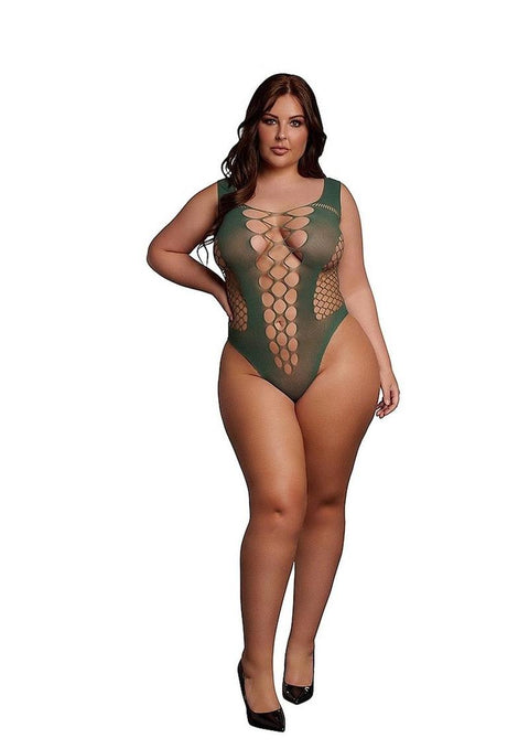 Le Desir V-Neck Teddy with Opaque Panels - Green