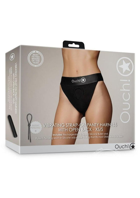 Ouch! Vibrating Strap-On Panty Harness with Open Back Rechargeable - Black