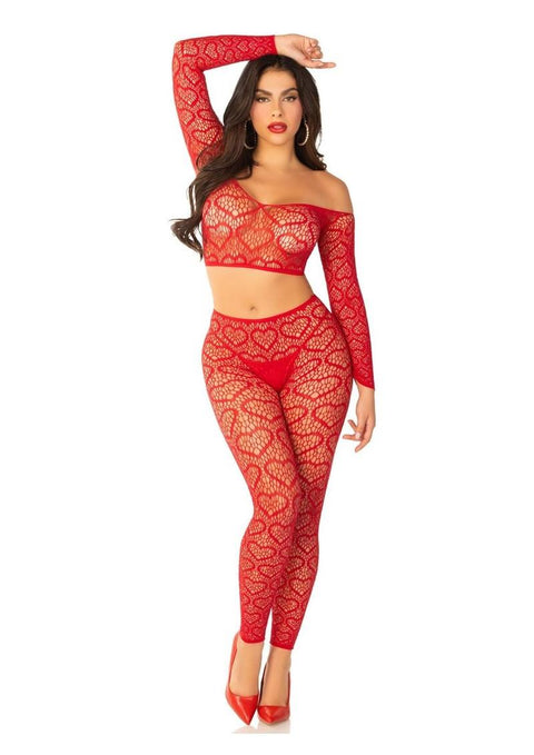 Leg Avenue Heart Net Off the Shoulder Crop Top and Footless Tights (2 Piece) - OS Red Lingerie