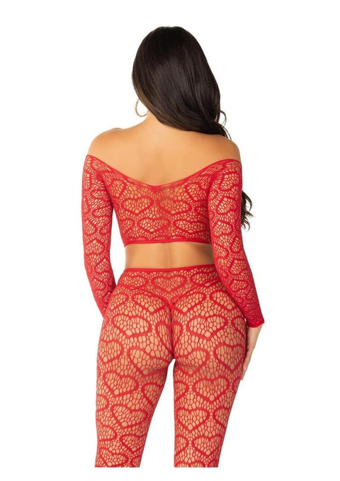 Leg Avenue Heart Net Off the Shoulder Crop Top and Footless Tights (2 Piece) - OS Lingerie