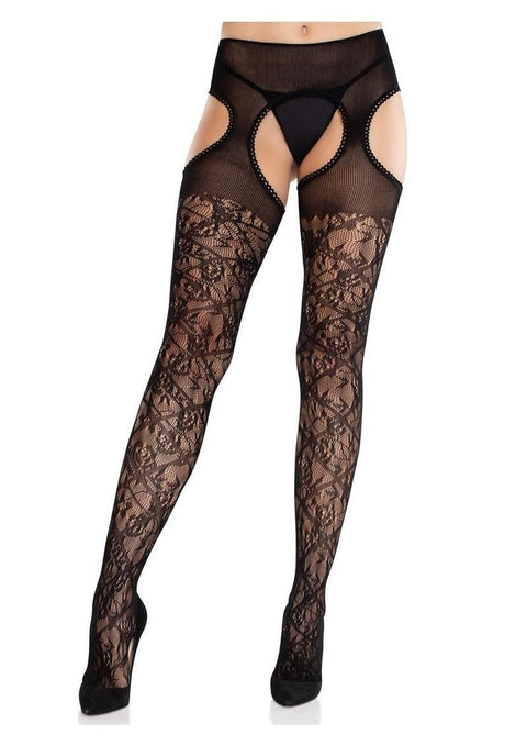 Leg Avenue Scalloped Trimmed Cross Hatch Floral Lace Suspender Hose - Black - O/S Hosiery