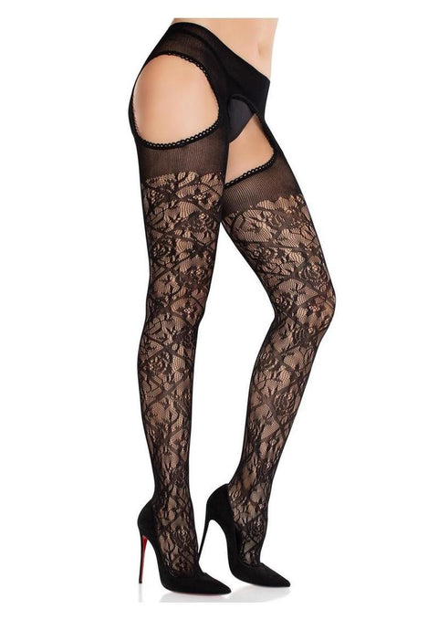 Leg Avenue Scalloped Trimmed Cross Hatch Floral Lace Suspender Hose - Black - O/S Hosiery