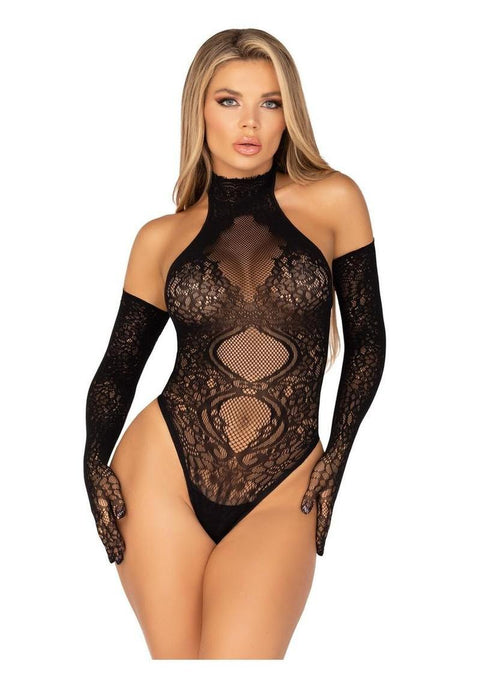 Leg Avenue Lace Halter Teddy and Matching Long Lace Gloves (2 Piece) - Black - O/S Lingerie