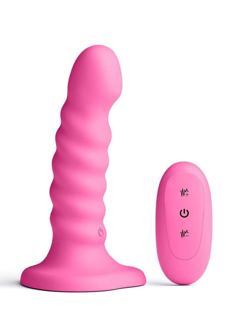 Colours Ribbed Rechargeable Silicone Vibrating Dildo with Remote Control 5in - Pink Vibrators