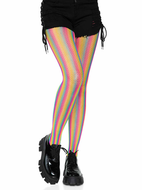 Neon rainbow stripped fishnet pantyhose. O/S MULTICOLOR