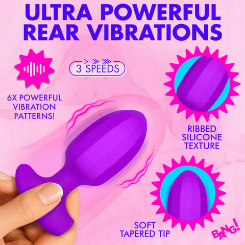 Ribbed Vibrating Silicone Butt Plug - Purple