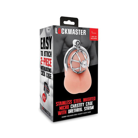 Lockmaster Stainless Steel Inverted Micro Chastity Cage w/Urethral Straw - Silver Fetish