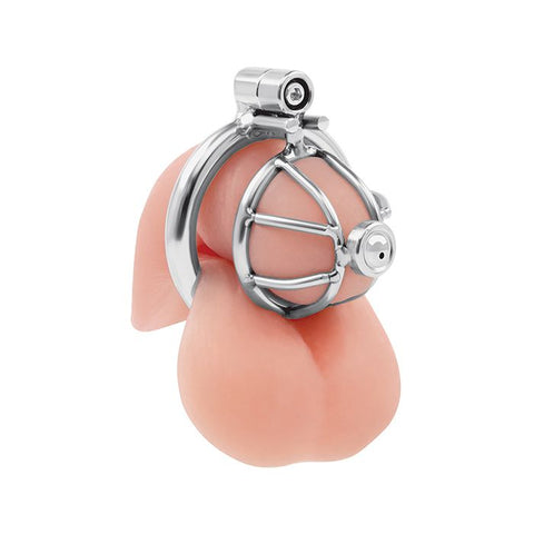 Lockmaster Stainless Steel Inverted Micro Chastity Cage w/Urethral Straw - Silver Fetish