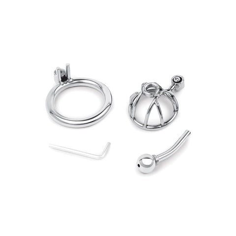 Lockmaster Stainless Steel Inverted Micro Chastity Cage w/Urethral Straw - Silver Fetish