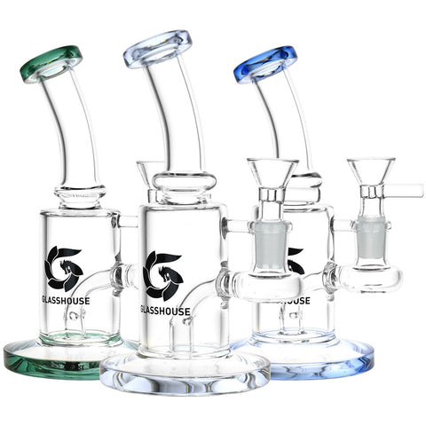 Glass House Bent Neck Glass Water Pipe | 6.75" | 14mm F | Colors Vary