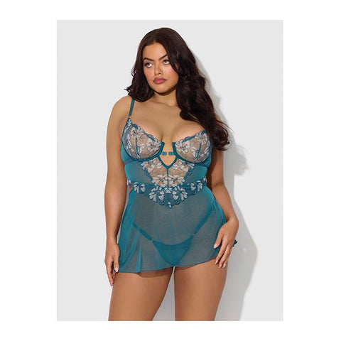 Nova Lace & Mesh Babydoll w/G-String 2 pc Set - Jade Blue Lingerie