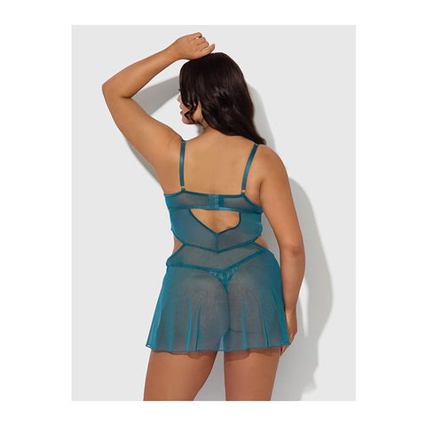 Nova Lace & Mesh Babydoll w/G-String 2 pc Set - Jade Blue Lingerie