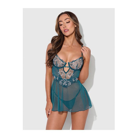 Nova Lace & Mesh Babydoll w/G-String 2 pc Set - Jade Blue Lingerie