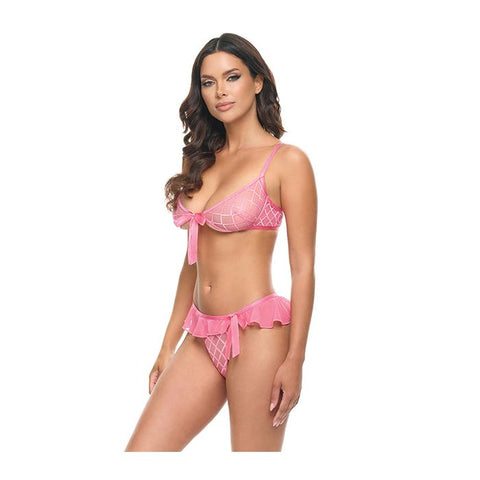 Aubrielle Diamond Mesh Underwire Bra w/Thong 2 pc Set - Pink Lingerie