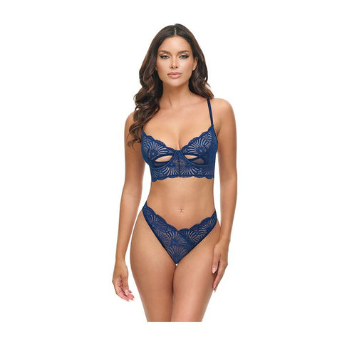 Roxie Mesh and Lace Underwire Bra w/Thong 2 pc Set - Navy Lingerie