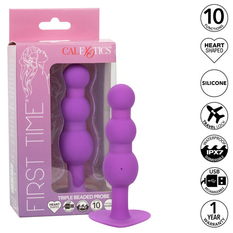 First Time Triple Beaded Silicone Rechargeable Probe - Purple