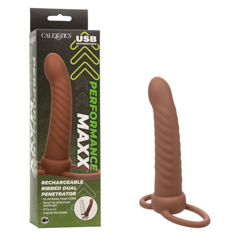 Performance Maxx Rechargeable Silicone Ribbed Dual Penetrator Extender Chocolate Penis Enhancement