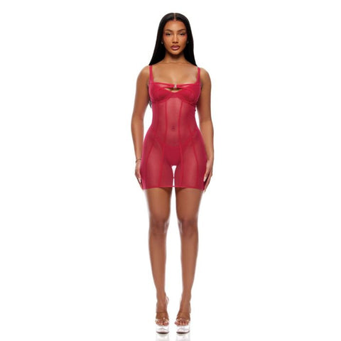 Layers To This Sheer Mesh and Knit Chemise w/Thong 2 pc Set - Pink Lingerie