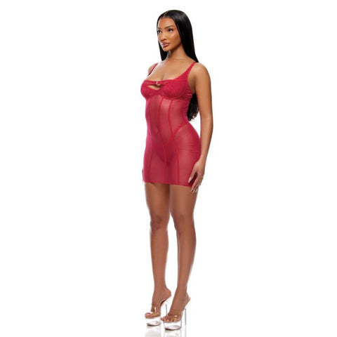 Layers To This Sheer Mesh and Knit Chemise w/Thong 2 pc Set - Pink Lingerie