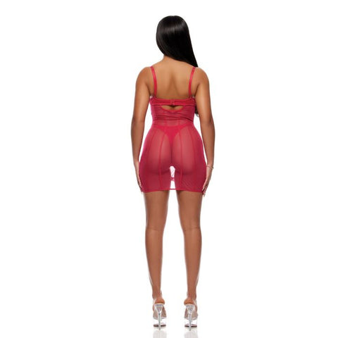 Layers To This Sheer Mesh and Knit Chemise w/Thong 2 pc Set - Pink Lingerie