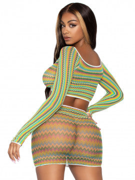 2 Pc Zig Zag Net Crop Top and Mini Dress - One Size