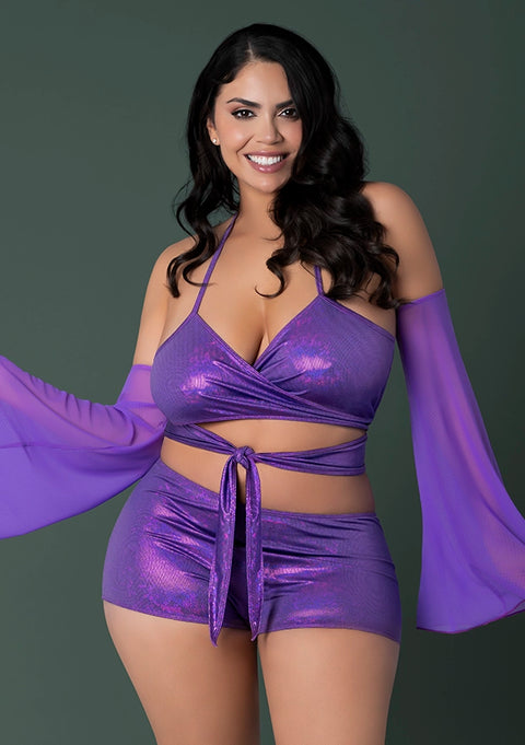 Glimmer Wrap Bralette, Booty Shorts & Sleeve Set Lingerie