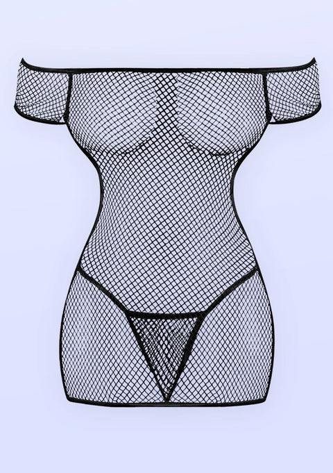 Fishnet Off Shoulder Dress & G-String Lingerie