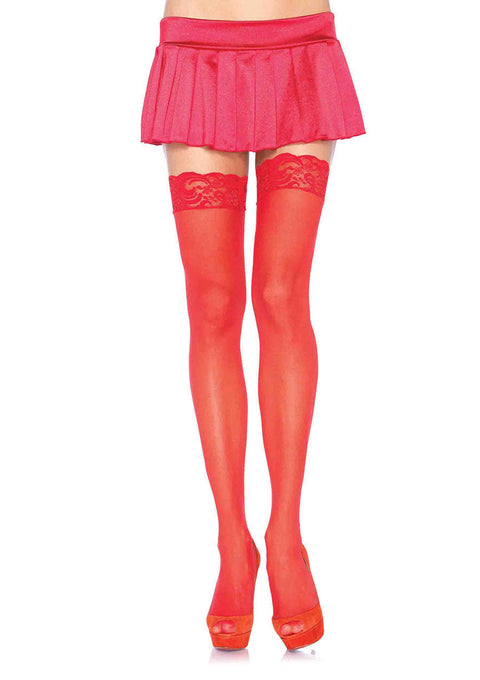 Nylon Sheer Thi-Hi W/Lace Top O/S RED