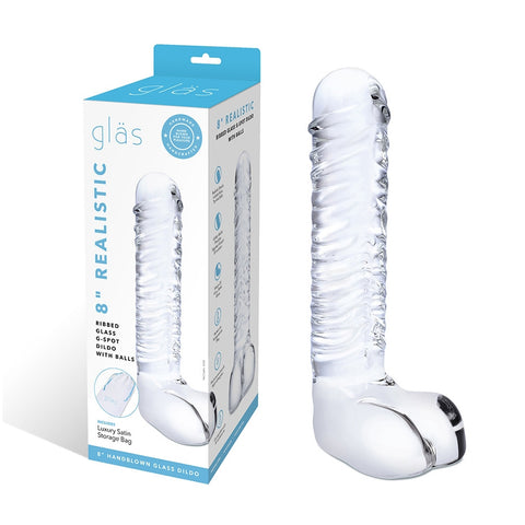 Glas 8'' Realistic Ribbed Glass G-Spot Dildo With Balls