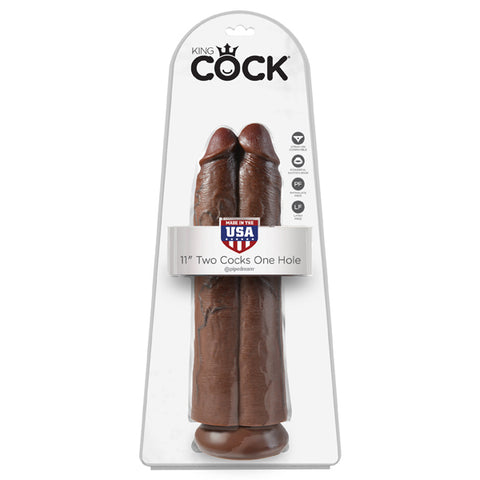 King Cock 11" Two Cocks One Hole Brown