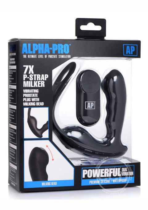 Alpha Pro 7X P-Strap Milker Silicone Rechargeable Vibrating Prostate Plug With Milking Bead, Cock & Ball Ring - Black