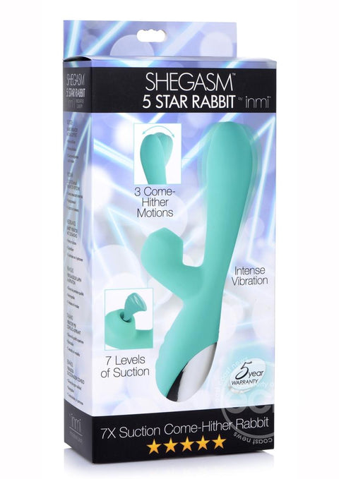 Inmi Shegasm Suction Come Hither Rechargeable Silicone Rabbit Teal Vibrators