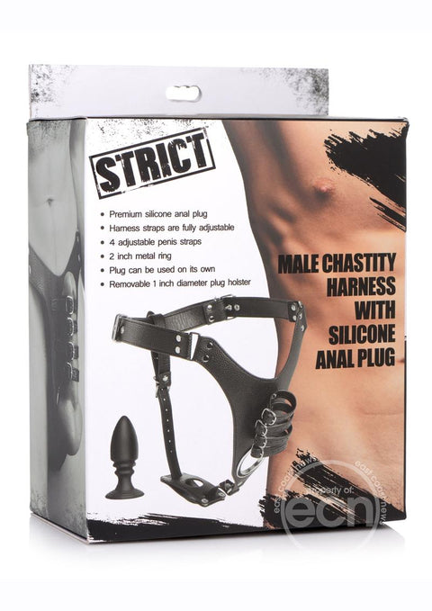 Strict Male Chastity Harness With Silicone Anal Plug - Black