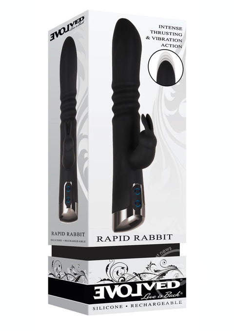 Rapid Rabbit Rechargeable Silicone Thrusting Rabbit Vibrator - Black