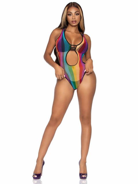 Rainbow fishnet cut out bodysuit with strappy bikini back